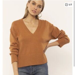 Amuse Society Camel-Brown V-Neck Cropped Sweater